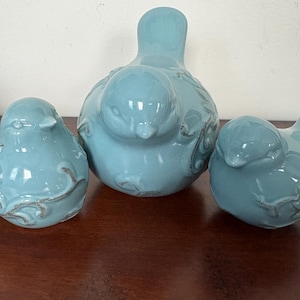 Trio of Ceramic Glazed Distressed Look Bird Figurine Mother and  Two Fledglings