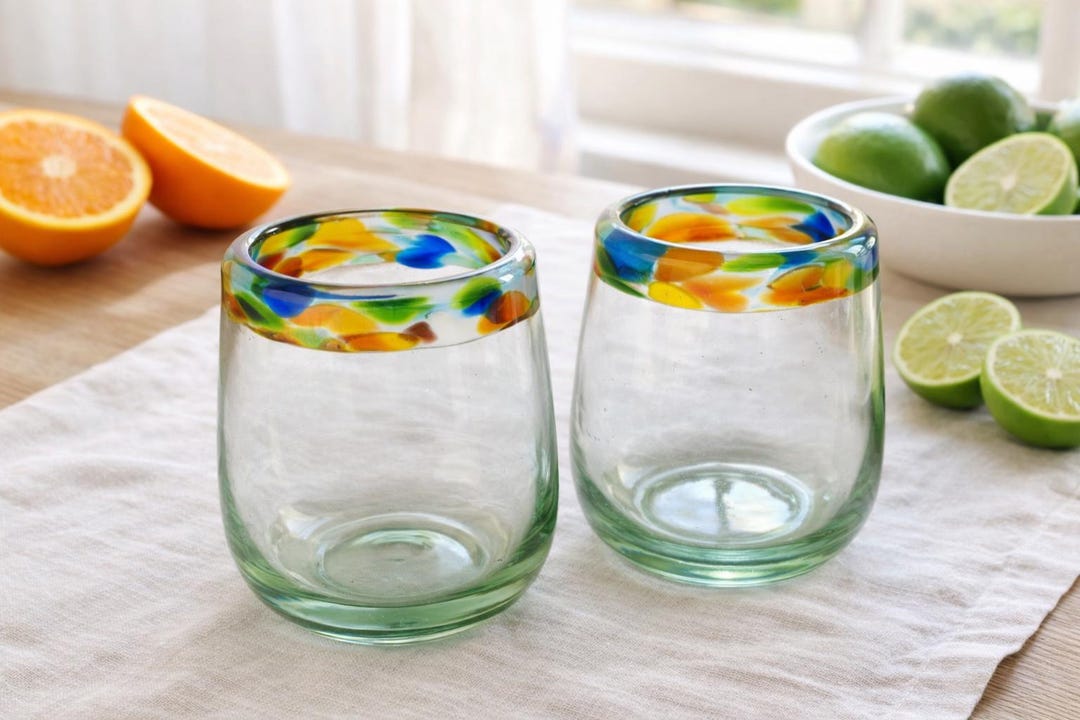 Hand Blown Recycled Glass Tumblers Set of 2, Confetti Rim Mexican ...
