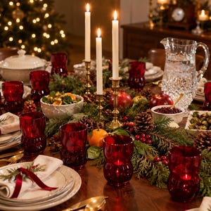 May include: A festive dining table setting featuring red glass tumblers, white ceramic plates with napkins tied in red ribbons, brass candle holders with white taper candles, a clear glass pitcher, and a centerpiece of pine branches and fruit.