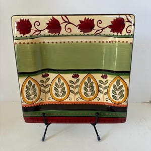 Prato quadrado para servir, estilo vintage, pintado à mão, estilo toscano, Espanha, padrão Lexi, verde e vermelho, decoração de fazenda italiana.
