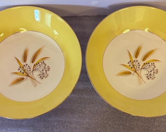 Vintage Century Service Autumn Gold Soup Serving Bowls Set of 2 | Yellow Wheat Rimmed Pasta Bowls | Mid  Vitreous Dinnerware | Farmhouse