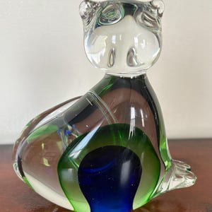 Vintage MCM Murano Style Sommerso Cat  Art Glass 6” Paperweight Figurine