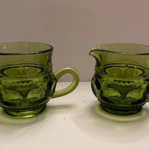 Vintage  Green Indiana Glass Kings Thumbprint Cream and Sugar Set.
