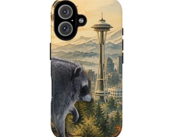 Jimothy e la cover per cellulare con lo skyline di Seattle / Scena della foresta con lo Space Needle
