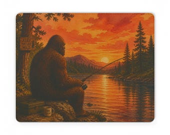 Tappetino per mouse in similpelle PU con scena di pesca al Bigfoot al tramonto / Scena del lago con Sasquatch