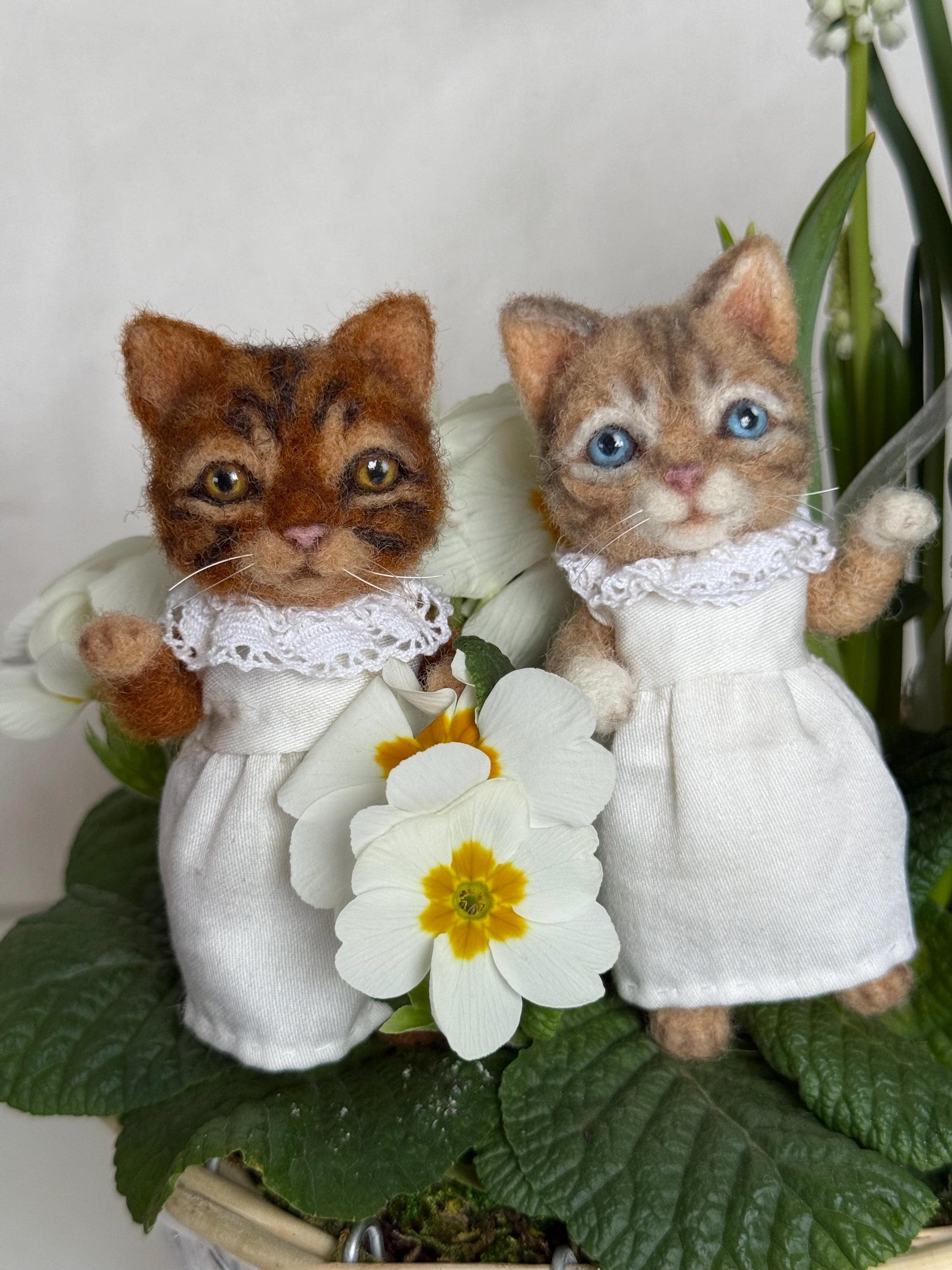 Moppet and Mittens – Needle Felted Wool Kittens in Cotton Dresses