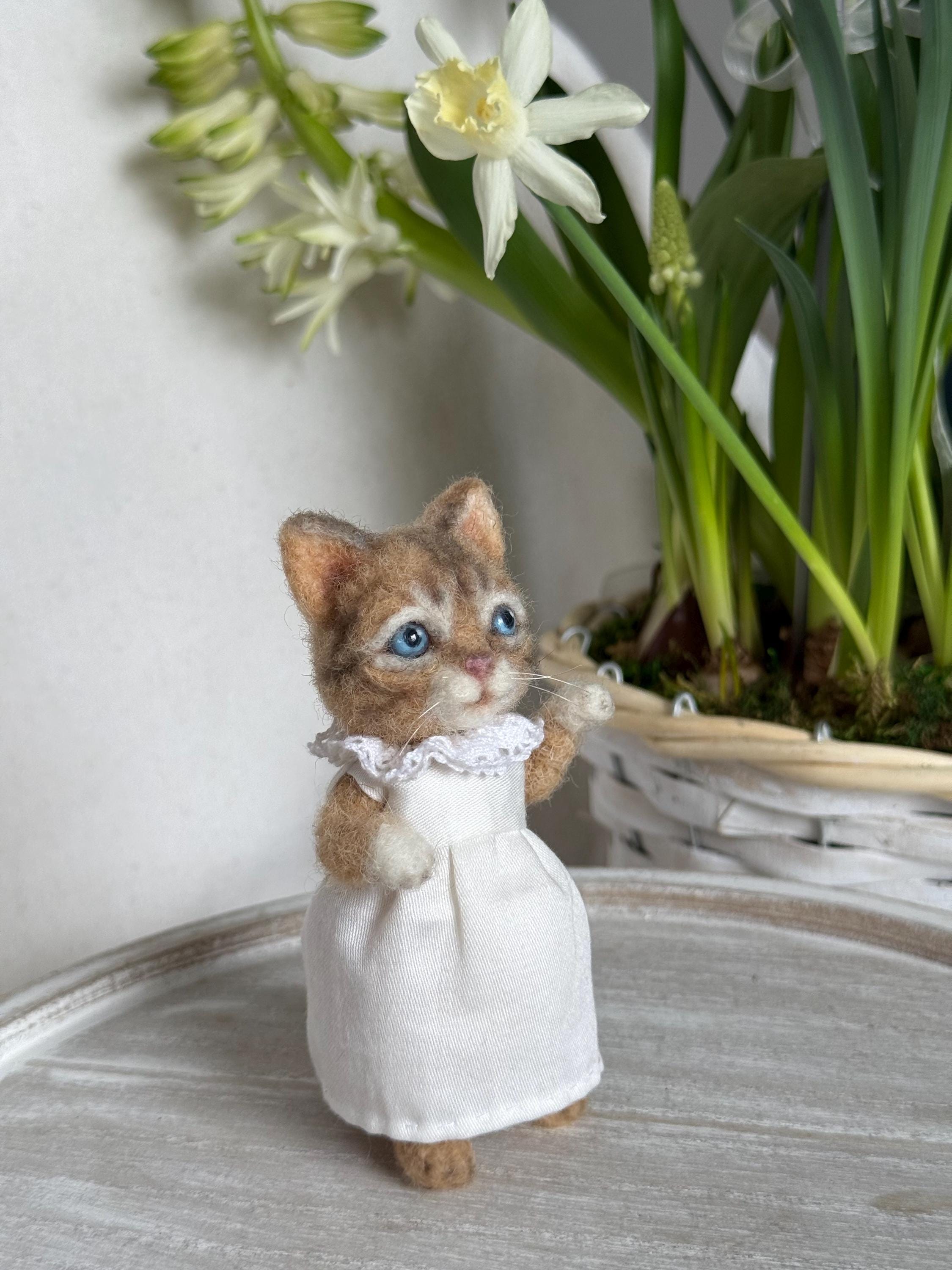 Moppet and Mittens – Needle Felted Wool Kittens in Cotton Dresses