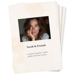 Może przedstawiać: Kobieta z brązowymi włosami i białą koszulą jest przedstawiona na białym tle. Pod obrazem znajduje się tekst "Sarah & Friends", a następnie "A "Queen of Spades" (QOS) speaks about her Journey."