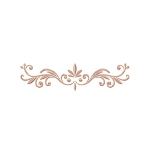 May include: A decorative, symmetrical design in a light brown color. The design features a series of swirling lines, leaves, and small circular accents. The overall shape is horizontal, suitable for borders or embellishments.