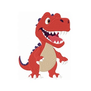Puede incluir: Un dinosaurio de dibujos animados rojo con una sonrisa de dientes y detalles morados. El dinosaurio está de pie sobre sus cuatro patas con la boca abierta.