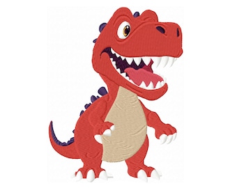May include: A red cartoon dinosaur with a toothy grin and purple accents. The dinosaur is standing on all fours with its mouth open.