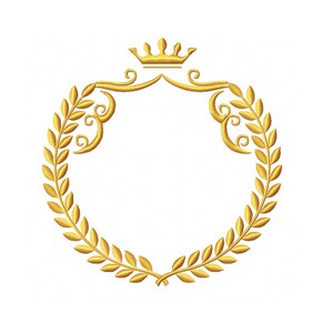 May include: A golden embroidery design featuring a circular laurel wreath frame with symmetrical leafy branches. At the top center, a small five-pointed crown sits above the wreath, connected by decorative golden scrolls on both sides.
