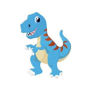 Puede incluir: Tiranosaurio Rex azul bordado con una expresión amigable. El dinosaurio tiene detalles en naranja en la espalda y un vientre color crema. El diseño presenta garras y dientes blancos, ideal para ropa o decoración infantil.