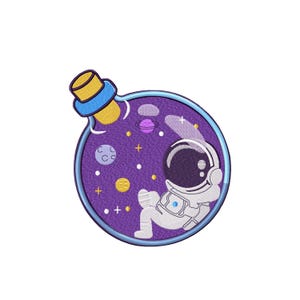 May include: A purple glass bottle with a cork stopper filled with a galaxy scene and an astronaut floating inside. The astronaut is wearing a white spacesuit with a blue visor.