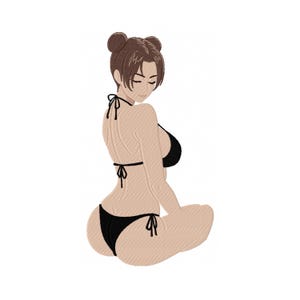 May include: Embroidered design of a woman in a black bikini, with her hair in two buns. The figure is in a seated pose, with a neutral skin tone. The image is set against a white background.