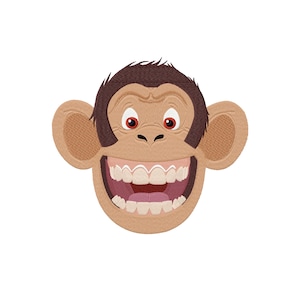 May include: A cartoon monkey face with brown fur, big ears, and a wide open mouth showing white teeth. The monkey is smiling with its tongue sticking out.
