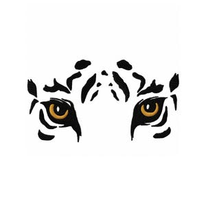 May include: A close-up of a tiger's eyes, featuring black markings and golden-yellow irises. The design is set against a clean white background, creating a striking contrast. The image captures the intense gaze of the animal.