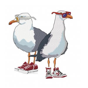May include: Embroidered design of two seagulls, each sporting sunglasses and trainers. One seagull is wearing red low-top trainers, the other red high-tops. The birds have white, grey, and black feathers, with orange beaks and legs.