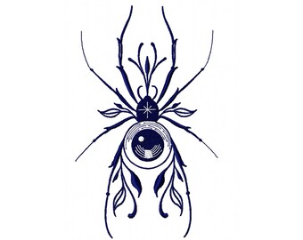 May include: A dark blue spider illustration on a white background. The spider design incorporates floral and geometric elements, with a central eye-like shape and a starburst detail.