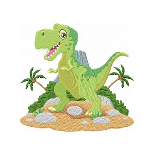 May include: A green cartoon dinosaur with a toothy grin stands on a small island with rocks and palm trees. The dinosaur is surrounded by green foliage and has a volcano in the background.