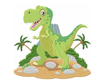 May include: A green cartoon dinosaur with a toothy grin stands on a small island with rocks and palm trees. The dinosaur is surrounded by green foliage and has a volcano in the background.