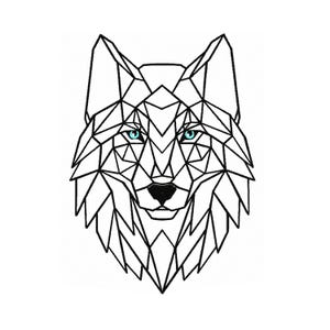 Pode incluir: Ilustração geométrica a preto e branco da cabeça de um lobo, com olhos azuis brilhantes. O design utiliza linhas angulares para criar uma estética moderna e artística. O nariz do lobo é preto e os olhos são de um azul vibrante.