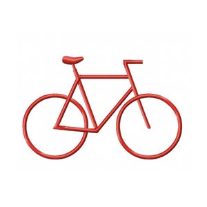 Puede incluir: Un gráfico de bicicleta rojo minimalista que presenta un diseño de marco simple, dos ruedas circulares, un asiento y manubrio. La ilustración está representada en un color rojo sólido sobre un fondo liso, mostrando una silueta de bicicleta limpia.