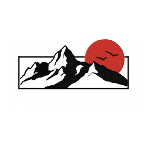 Bergsbroderidesign: Mönster med röd sol och landskap (nedladdning direkt)
