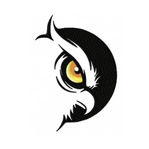 May include: Embroidered owl design featuring a black and white color scheme with a yellow and orange eye. The owl's eye is open, and the design is on a white background. The design is likely for apparel or home decor.