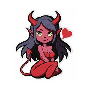 Może przedstawiać: Haftowana naszywka przedstawiająca kreskówkowego diabła z czerwoną skórą, rogami i ogonem. Diabeł ma długie, ciemne włosy, żółte oczy i nosi czerwony strój. Czerwone serce unosi się w pobliżu.
