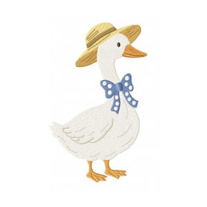 May include: An embroidered white goose with a long neck, wearing a yellow straw hat and a light blue bow tie with white polka dots. The goose has an orange beak and orange webbed feet, depicted in a simple, clean, and detailed stitch style.