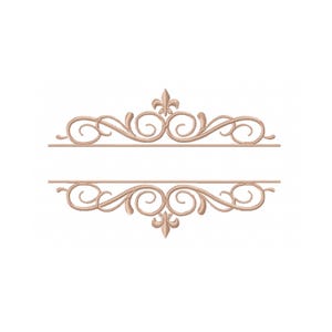 Könnte beinhalten: Ein hellbraunes, symmetrisches Dekor mit verschnörkelten Verzierungen und einem Lilienmotiv. Das Design ist horizontal geteilt und bietet Platz für Text oder ein Monogramm. Geeignet für verschiedene Bastelprojekte.