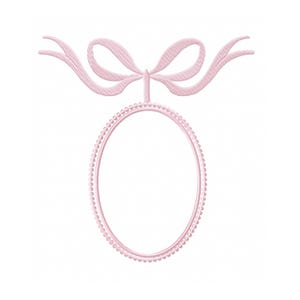 May include: A light pink machine embroidery design featuring an oval frame with a beaded border, suspended from a decorative bow with flowing ribbon ends. The entire motif is rendered in a single solid light pink thread color on a white background.