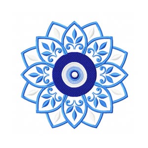 May include: A detailed embroidery design featuring a blue and white floral pattern with a central eye motif. The design has a circular shape with intricate leaf and swirl details, perfect for decorative applications.