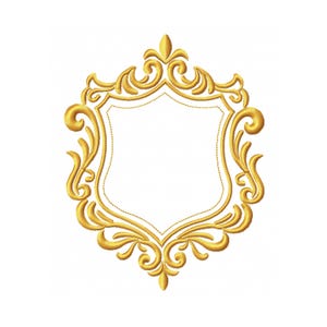 May include: A golden embroidery design featuring a shield-shaped frame with intricate scrollwork and flourishes. The central area is blank, surrounded by a stitched border, creating a decorative emblem with symmetrical patterns and curved lines.
