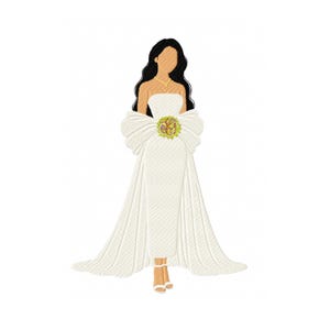 May include: An embroidered illustration of a woman in a white wedding dress. The dress features a large bow at the waist with a gold and green embellishment. The woman has long black hair and is wearing a gold necklace and white sandals.