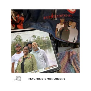 May include: A denim jacket with a red embroidered text that reads "#FIERCEADVOCATE" and a patch featuring a group of people. A tablet displays a photo of a group of people. The text "MACHINE EMBROIDERY" is below a sewing machine icon.