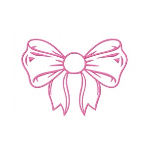 May include: A pink outline of a bow against a white backdrop. The bow features a circular centre and detailed ribbon loops and tails. The design is simple and elegant, suitable for craft projects or embellishments.