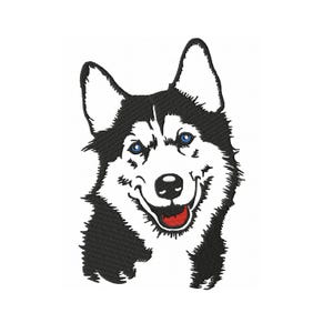 Puede incluir: Ilustración en blanco y negro de un perro husky con ojos azules. El perro está sonriendo con la lengua fuera.