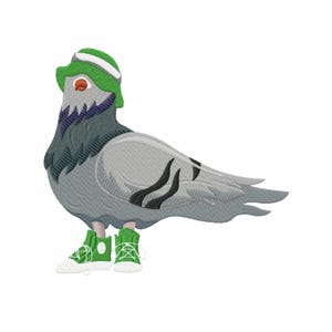 May include: A gray pigeon wearing a green hat and green sneakers. The pigeon has black stripes on its body.