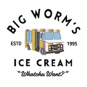 May include: A vintage-style logo for Big Worm's Ice Cream, established in 1995. The logo features a cartoon ice cream truck with yellow and pink stripes, and the text "Whatchu Want?" in a retro font.