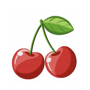Peut inclure: Image brodée de deux cerises rouge vif avec une tige et une feuille vertes. Les cerises ont un reflet brillant et un aspect texturé, sur fond blanc. Le motif est probablement destiné à un écusson ou une application.