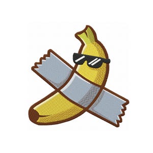 Può includere: Una banana gialla con contorni marroni che indossa occhiali da sole e avvolta in nastro adesivo grigio.