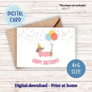 Cartão de aniversário dachshund, cartão de aniversário para impressão, cartão dachshund, download digital, cartão de felicitações 4x6, cartão em branco, feliz aniversário