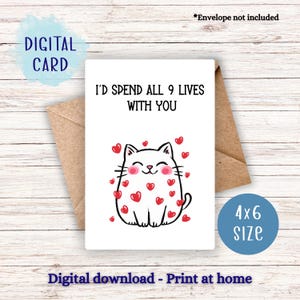 Cartão de felicitações fofo de amor de gato, cartão de dia dos namorados para impressão, cartão de gato, download digital, cartão de felicitações 4x6, cartão em branco, amante de gatos