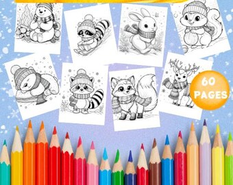 Winter Cute Animals to color | 60-Page Digital Download Christmas Coloring Book | Kids and Adults Color Book