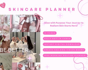 Ultieme huidverzorgingsplanner | Bewerkbaar digitaal huidverzorgingsdagboek | Glow-Up Routine Tracker & Vision Board