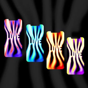 May include: Four phone cases with a colorful, abstract, wavy design and the word "LOVE" printed on each case. The cases are in shades of red, blue, orange, and purple.