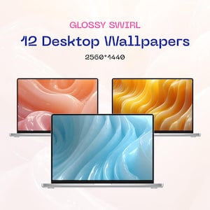 May include: Three laptop screens displaying abstract digital art with swirling, glossy patterns in shades of pink, yellow, and blue. The text "GLOSSY SWIRL 12 Desktop Wallpapers 2560*1440" is displayed above the laptops.