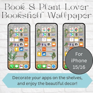 Peut inclure: Un fond d'écran de téléphone numérique représentant une bibliothèque avec des livres, des plantes et des icônes d'applications. Le fond d'écran est conçu pour iPhone 15/16.